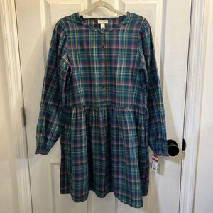 Cat & Jack Girls XXL 18 Plaid Button Front Long Sleeve Dress Blue Green NWT
